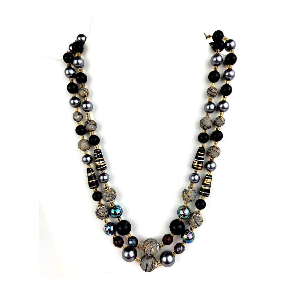 Vintage Black Bead Necklace Sugar Beads Hand Painted Shapes Sizes Gray Gold
